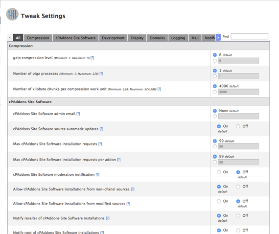 WHM Tweak Settings home page