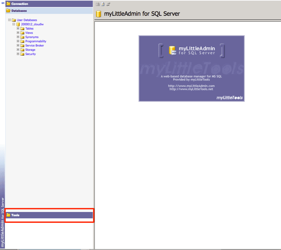 tools link highlighted on phpmyadmin home page