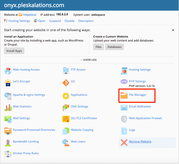 File Manager highlighted in Plesk