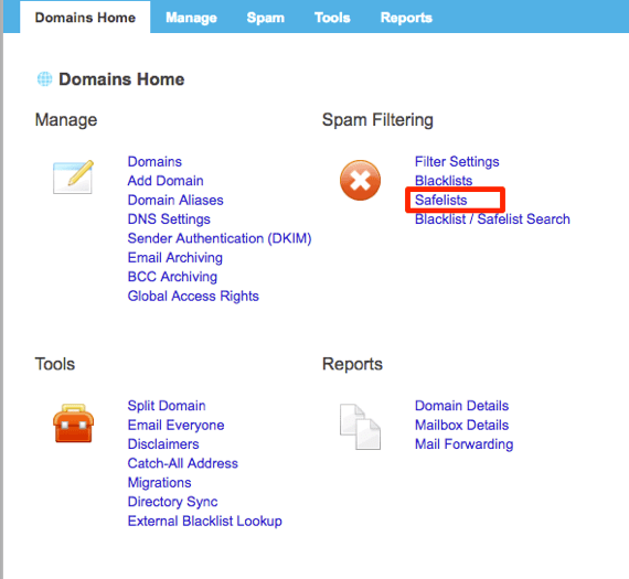 domains home page with safelists highlighted