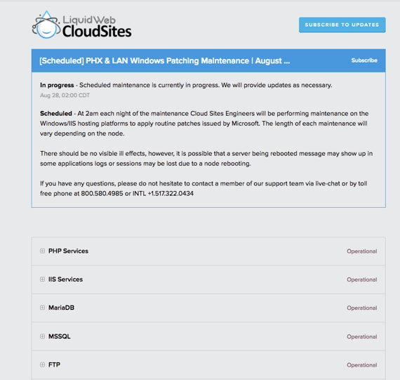 liquid web status home page