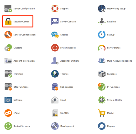whm home page with security center link