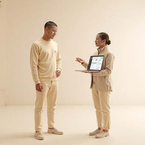 A woman explains a donation website to a man.