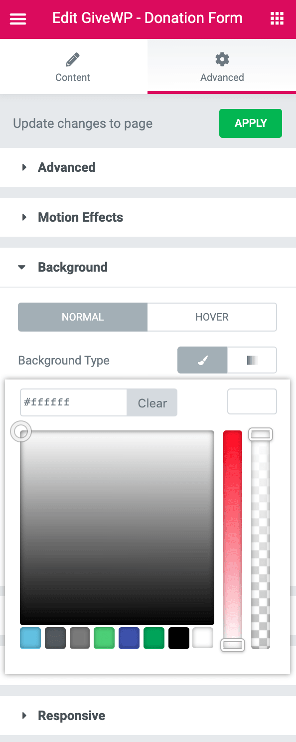 Elementor modules allow you to customize the background and styling directly without going to the WordPress Customizer CSS Section.