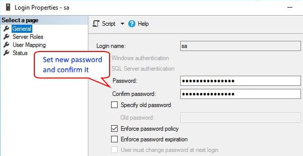 Troubleshooting the Microsoft SQL Server error 18456 (Login Failed for User error) — password setup.