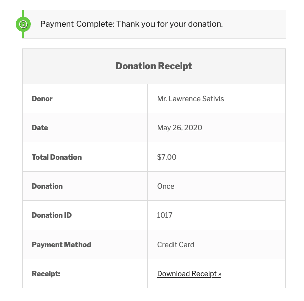 Donation confirmation page with a Complete donation.