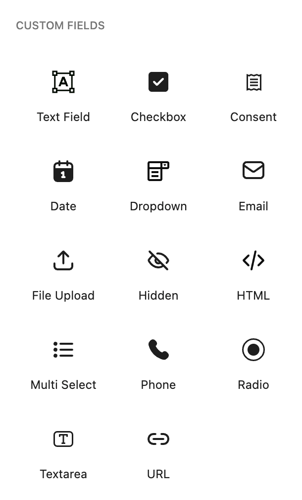 The Custom Fields section showing the field blocks available in the visual form builder