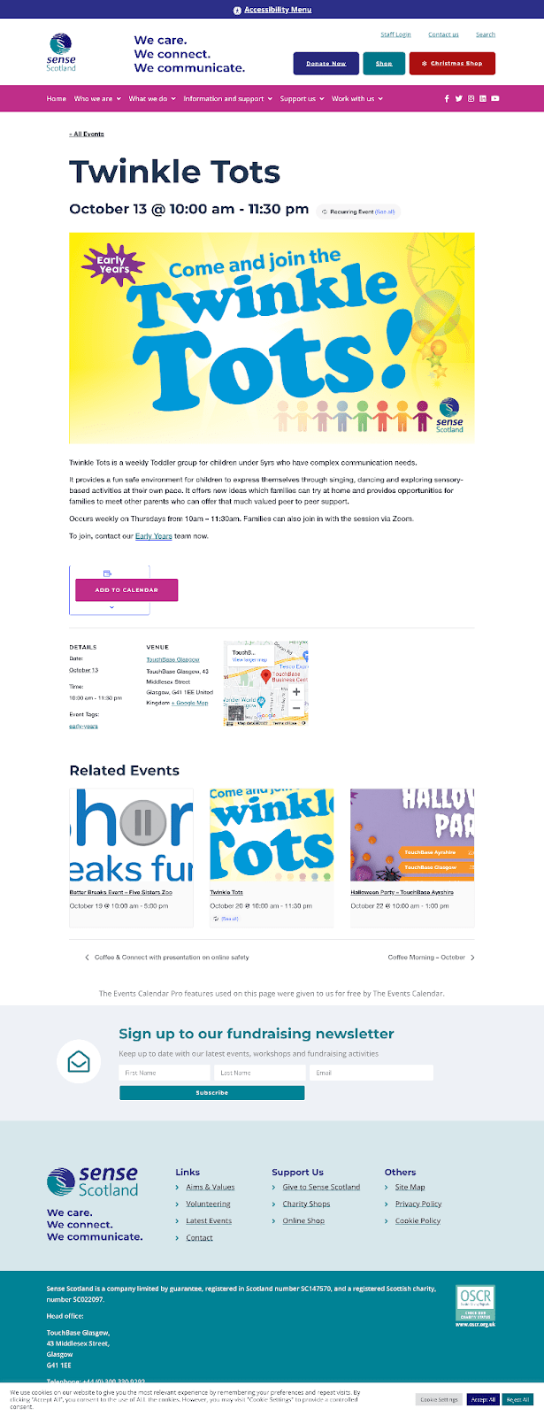 Single event page WordPress calendar example