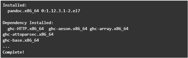 Command line terminal window of completed Pandoc installation.