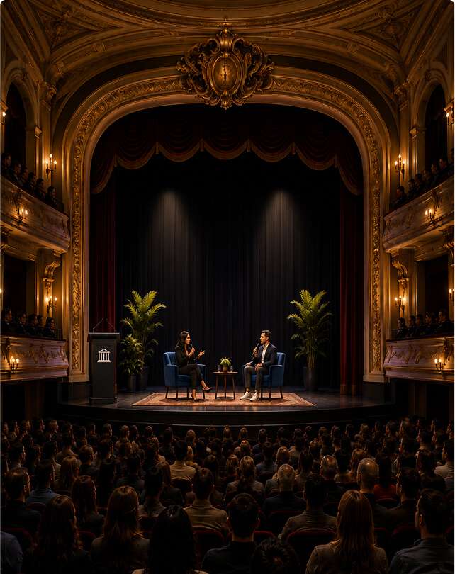 A theater with two individuals on stage, facing each other in chairs and talking, an audience watches.