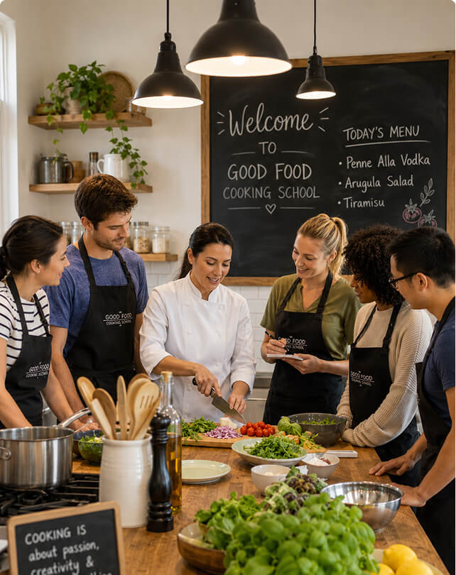 A chef hosts a cooking school event, students in aprons watch her chop vegetables, one is taking notes.