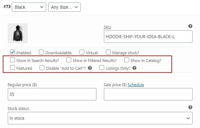 product options show single variations