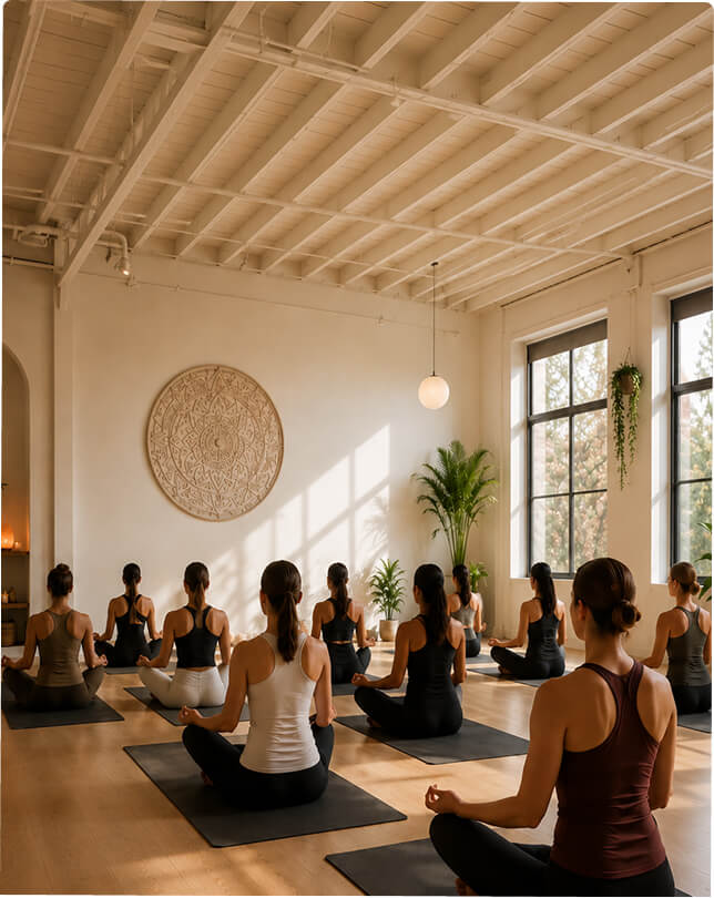 A yoga class with several attendees sitting in Sukhasana pose.