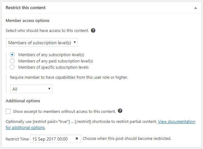 Timelock settings in the "Restrict this content" metabox
