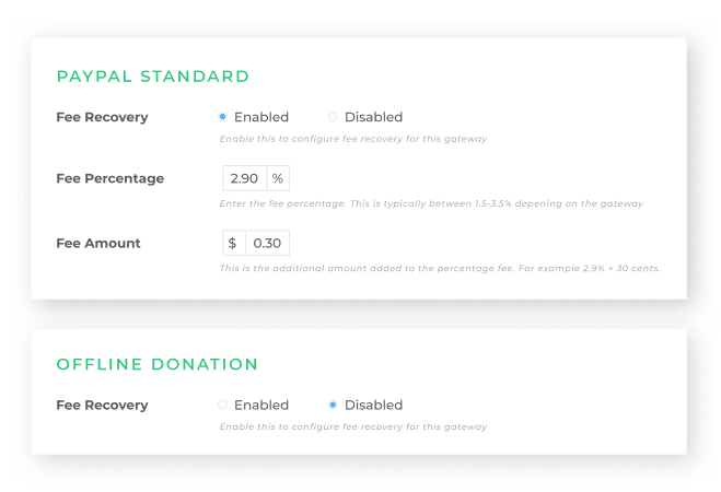 Enable or disable fee recovery and set the amount you need to ask your donors to cover processing fees in your donations settings panel.
