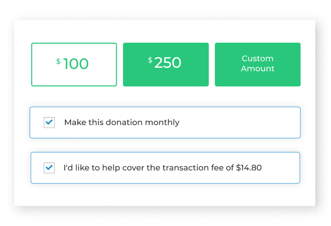 Asking donors to cover processing fees when they give is done through a simple checkbox, similar to the one used for recurring donations for subscription giving.