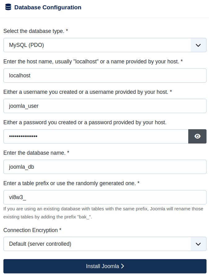Select the database type, provide your database credentials, set the Connection Encryption value, and then click Install Joomla.
