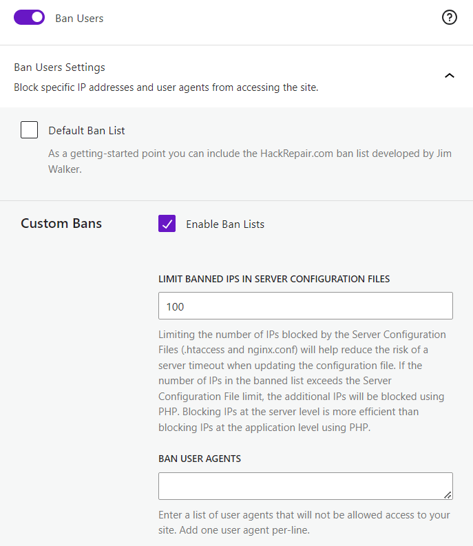Custom ban rules in Solid Security