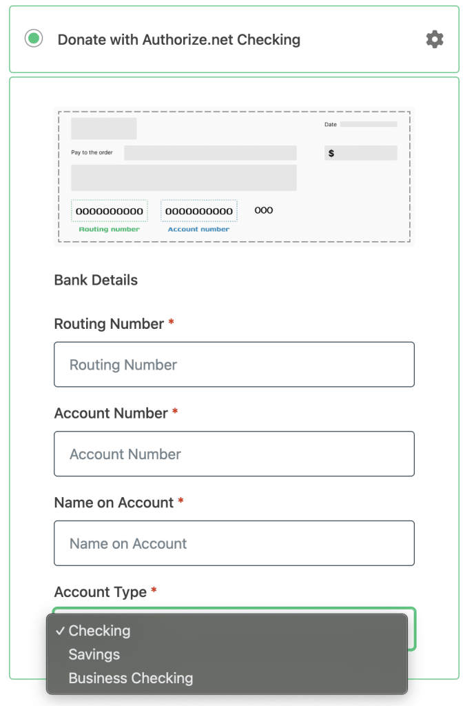 screenshot showing how the Authorize-net e-Check payment option appears in the donation form