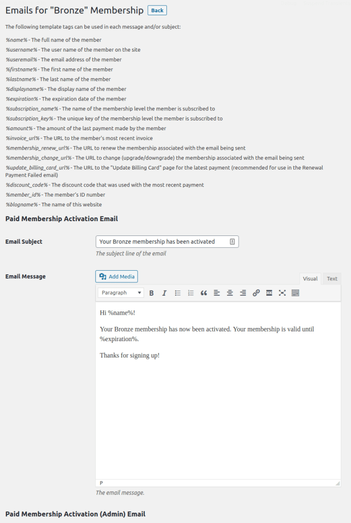 UI for customizing emails for the Bronze membership level