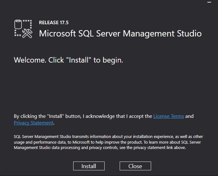 microsoft sql server management studio — smss install screen