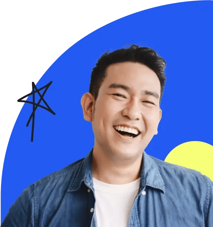 A man with sideburns and a collared shirt smiles next to a star.