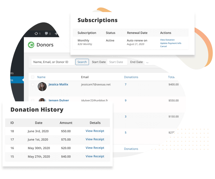 Donor account management is easy to do from the WordPress dashboard and you can allow your donors access to their accounts through email or on-site logins.