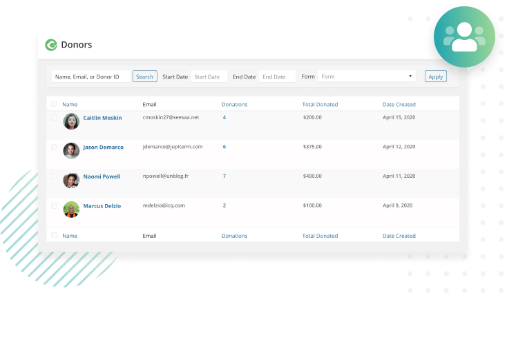 GiveWP donor database includes a donor dashboard with an overview of all donors in a list format.