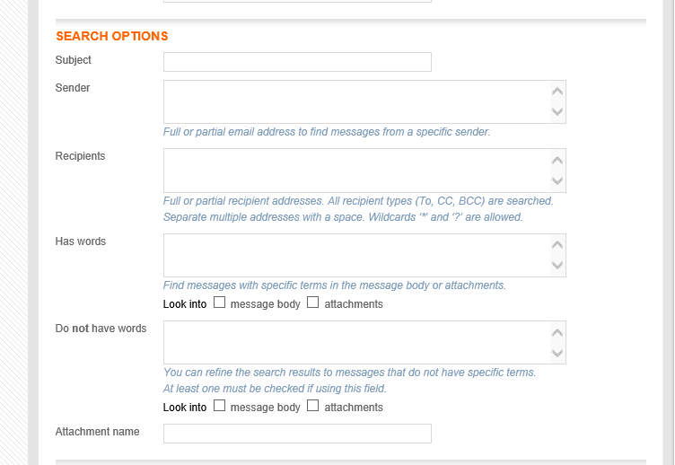 advanced search dialogue window