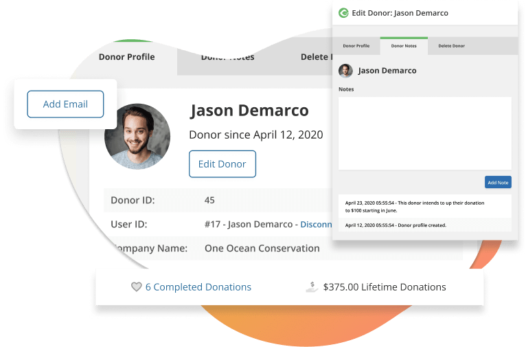 Edit your donors' profile details, add notes, and keep track of their donation history.