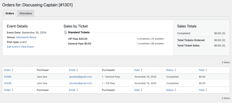 Event orders tracking page