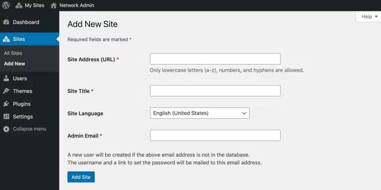 wp multisites add new site screenshot
