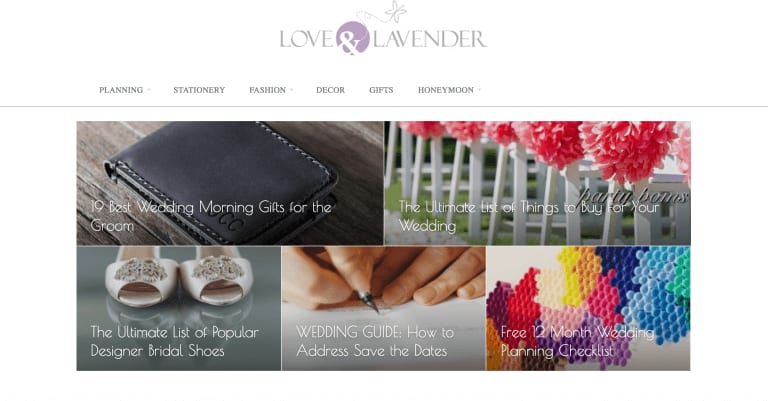 Love and Lavender website showcasing content for wedding planning.