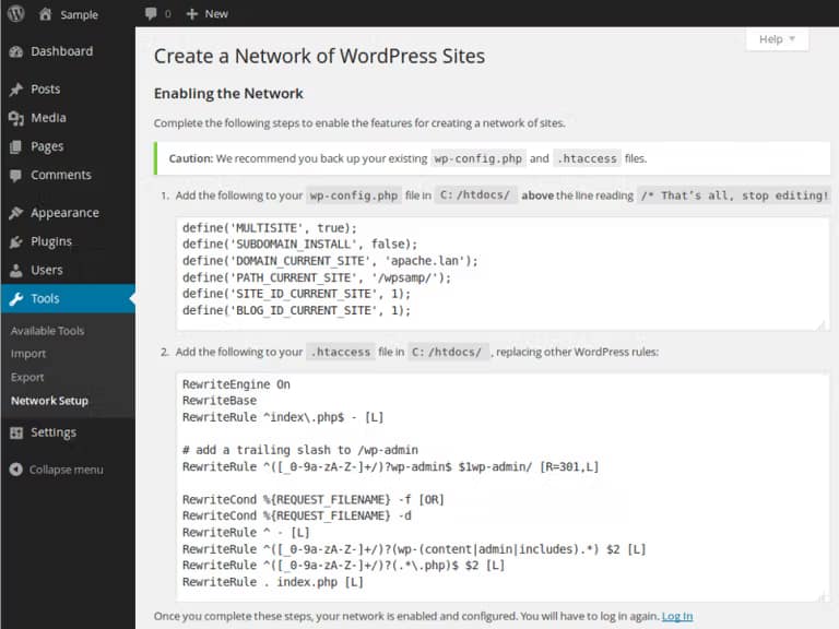 wordpress create a network of sites screenshot