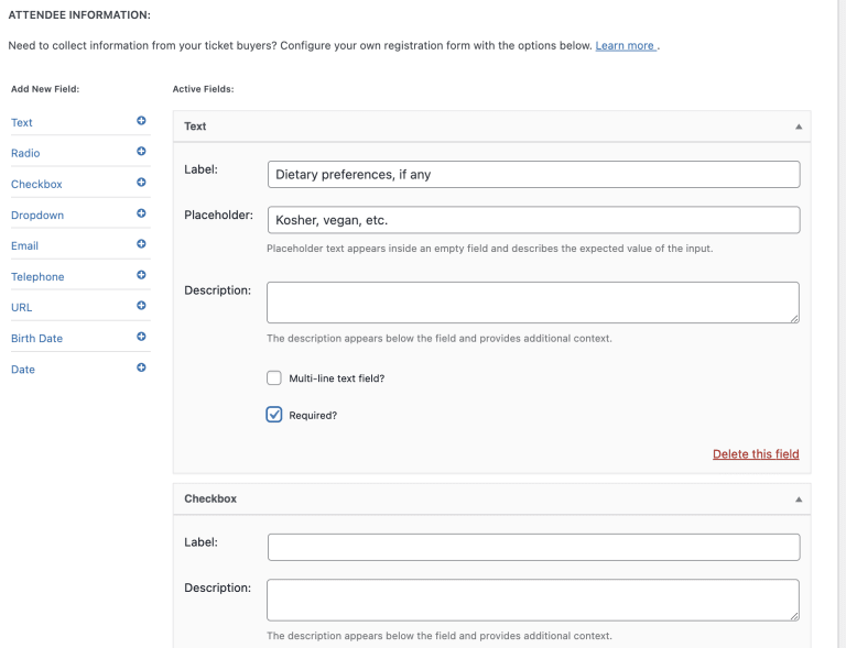 Custom registration fields you can add to your ticket registration form