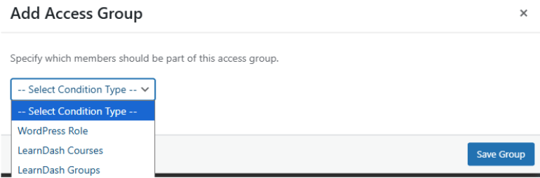 Screenshot of Selecting the condition type of the add access group
