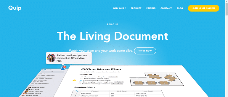 Quip, a living document for project management.