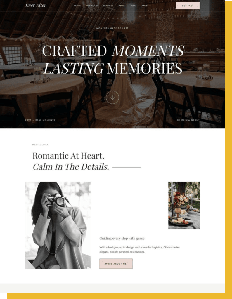 Photographer website built with Kadence using starter templates.