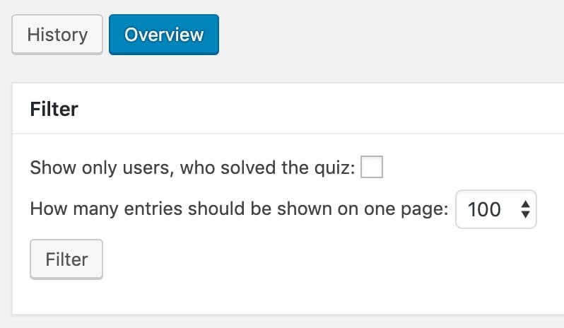 LearnDash quiz stats, history, overview & filter options