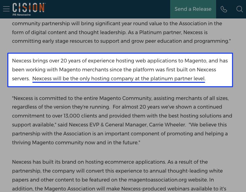 A press release highlighting over 20 years of Magento’s history with Nexcess.