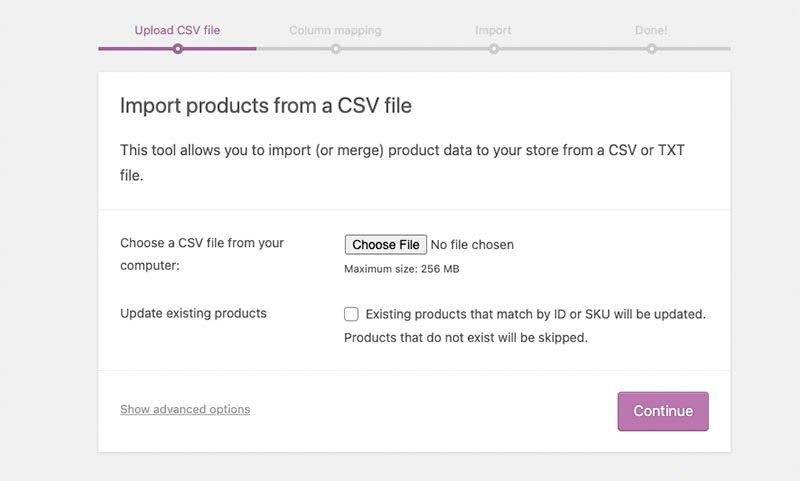 Importing a CSV file into WooCommerce.