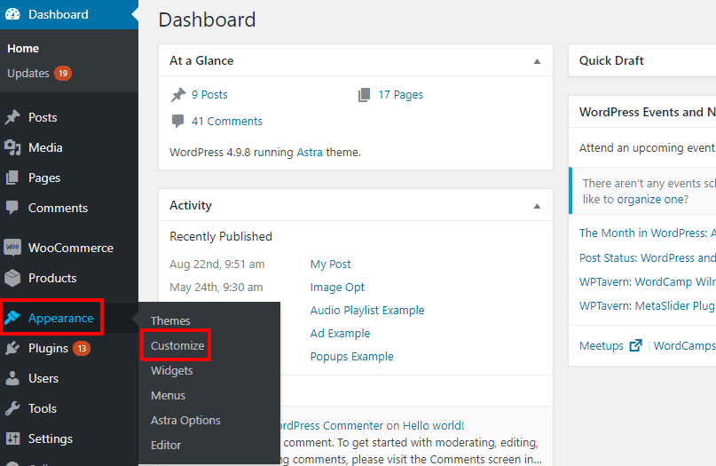 access WordPress Customizer