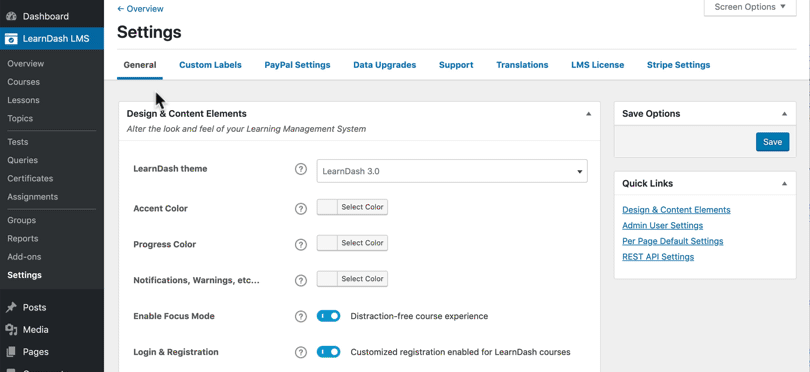 LearnDash Stripe settings, enter API keys