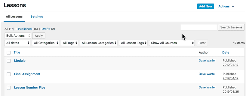 LearnDash admin, filter lessons by course