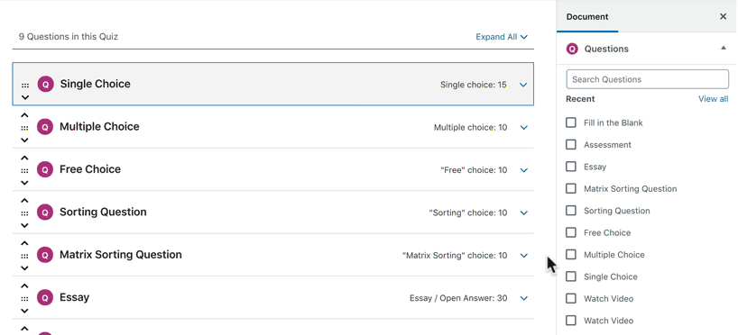 Drag & drop questions in the LearnDash quiz builder