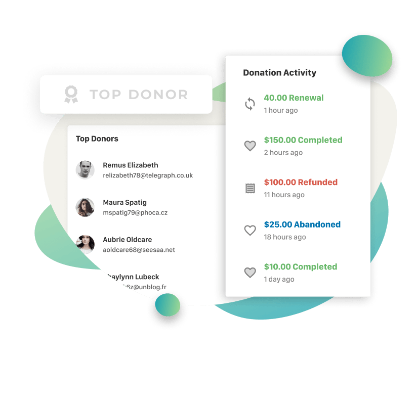Top donors and recent donation activity are included in your donation report dashboard.