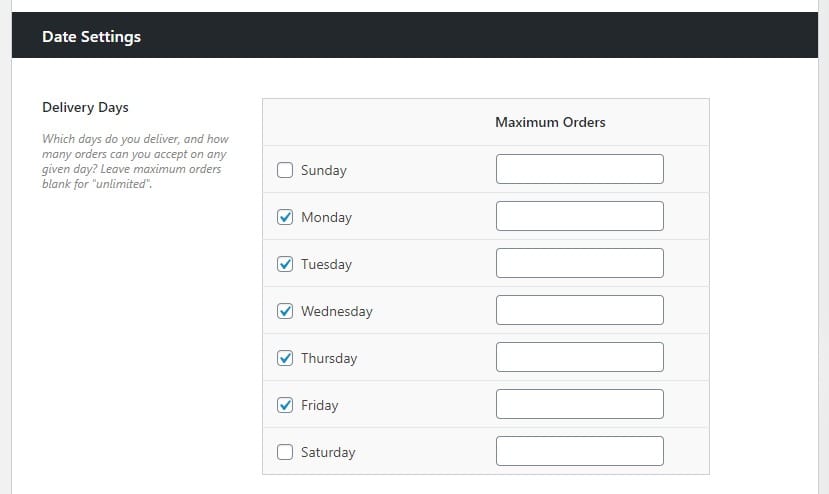 Date settings Delivery Slots