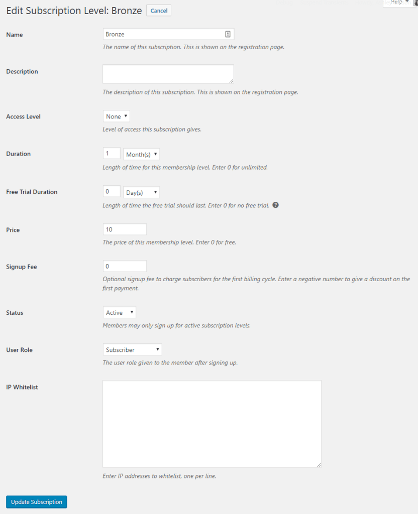 IP whitelist box on the Edit Subscription Level page