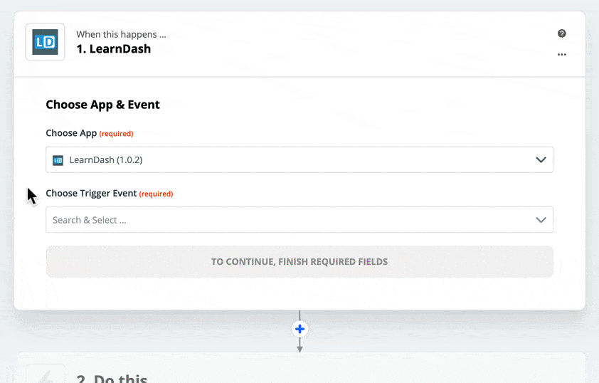 Selecting a LearnDash trigger in Zapier