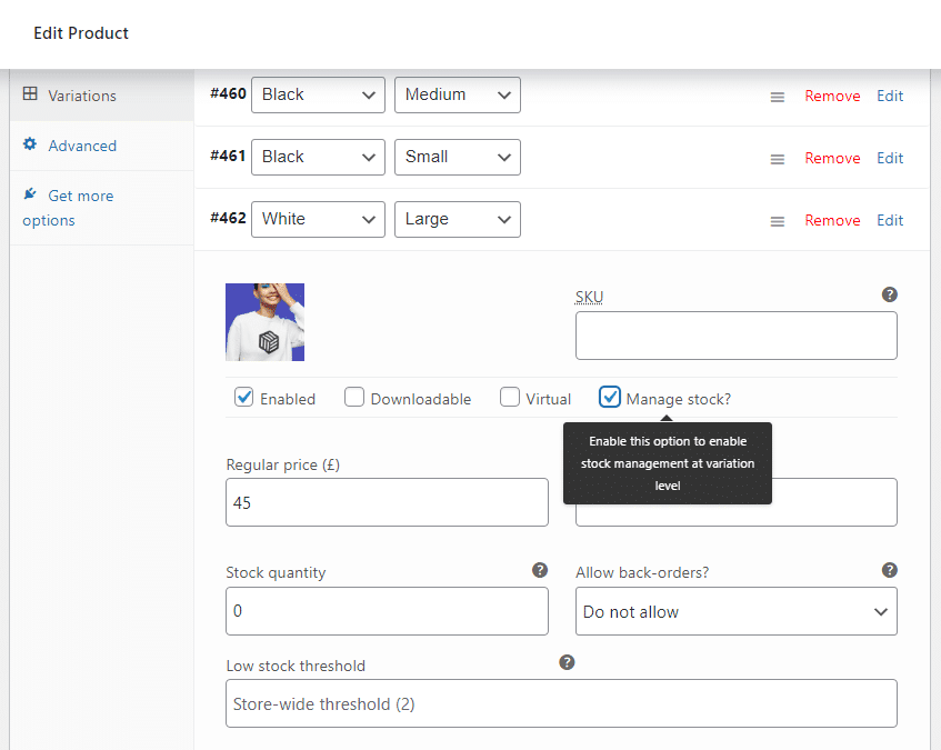 woocommerce variation